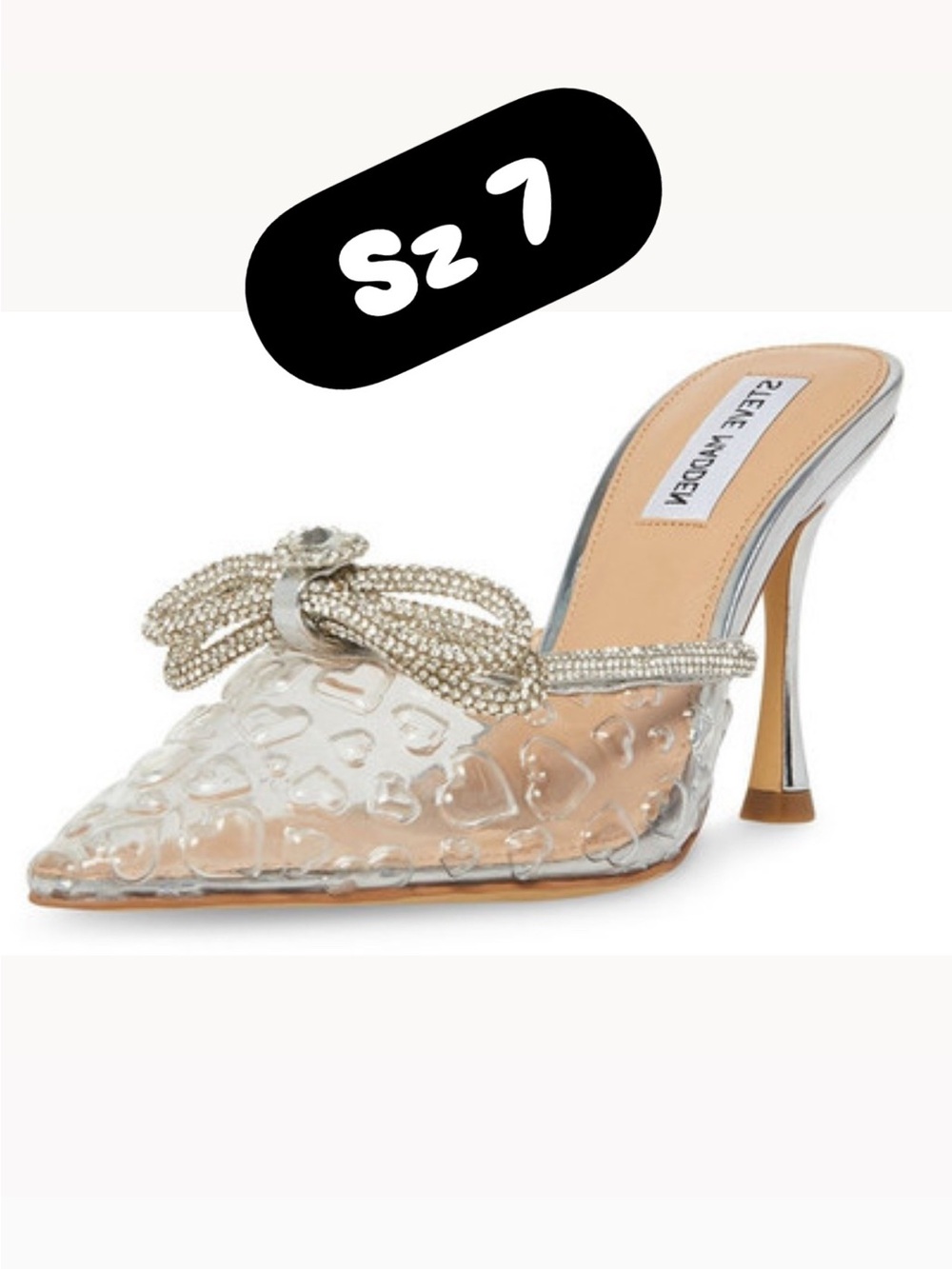 Steve Madden Clear PVC Heart Mule with Silver Rhinestone Bow